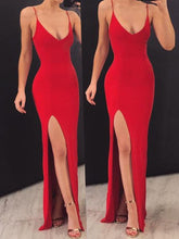 V-Neck Sheath Spaghetti Straps Red Elastic Satin Long Prom Dresses